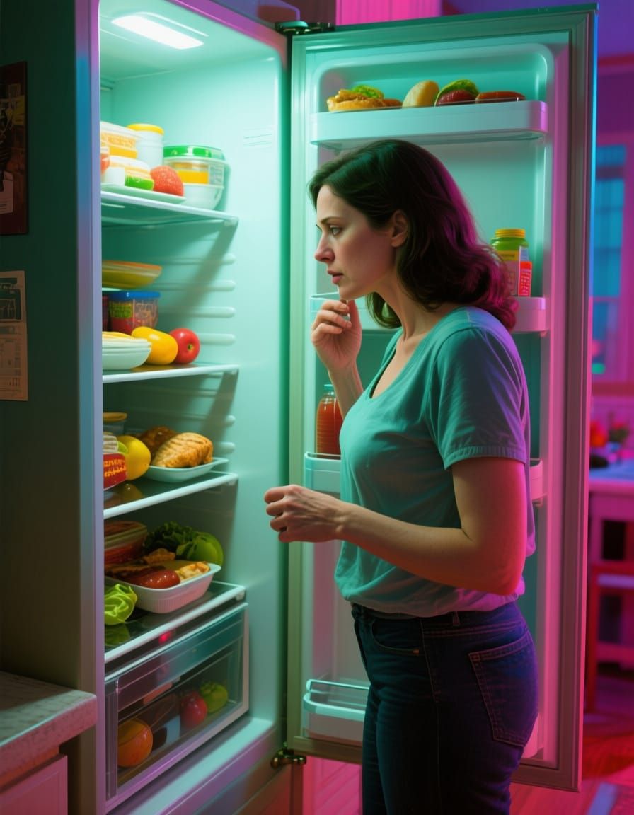 Woman Searching Cupboard for Food, Hyperrealistic Style