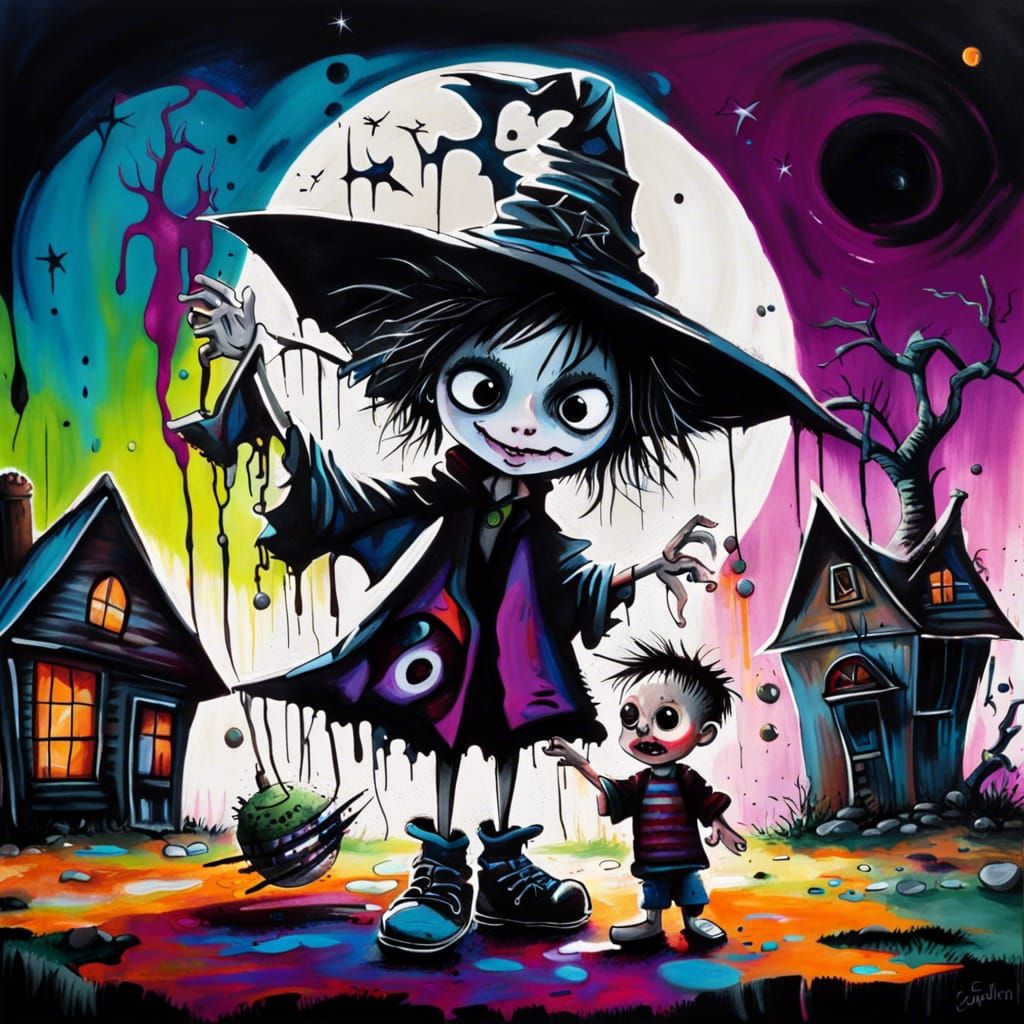 Whimsical Burton-Style Scene: Boy and Witch Mom