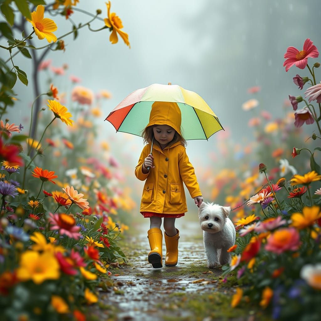 Whimsical Rainy Day Garden Scene in Matte Painting Style
