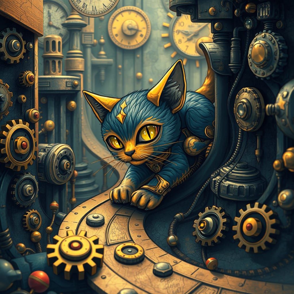 Steampunk Clockwork Cat Navigating a Clockwork City