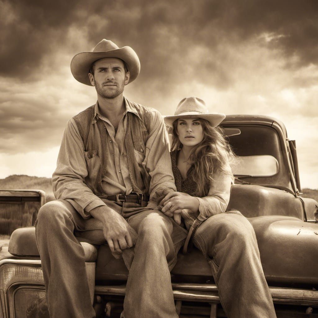 Sepia Cowboy Couple in Dust Storm