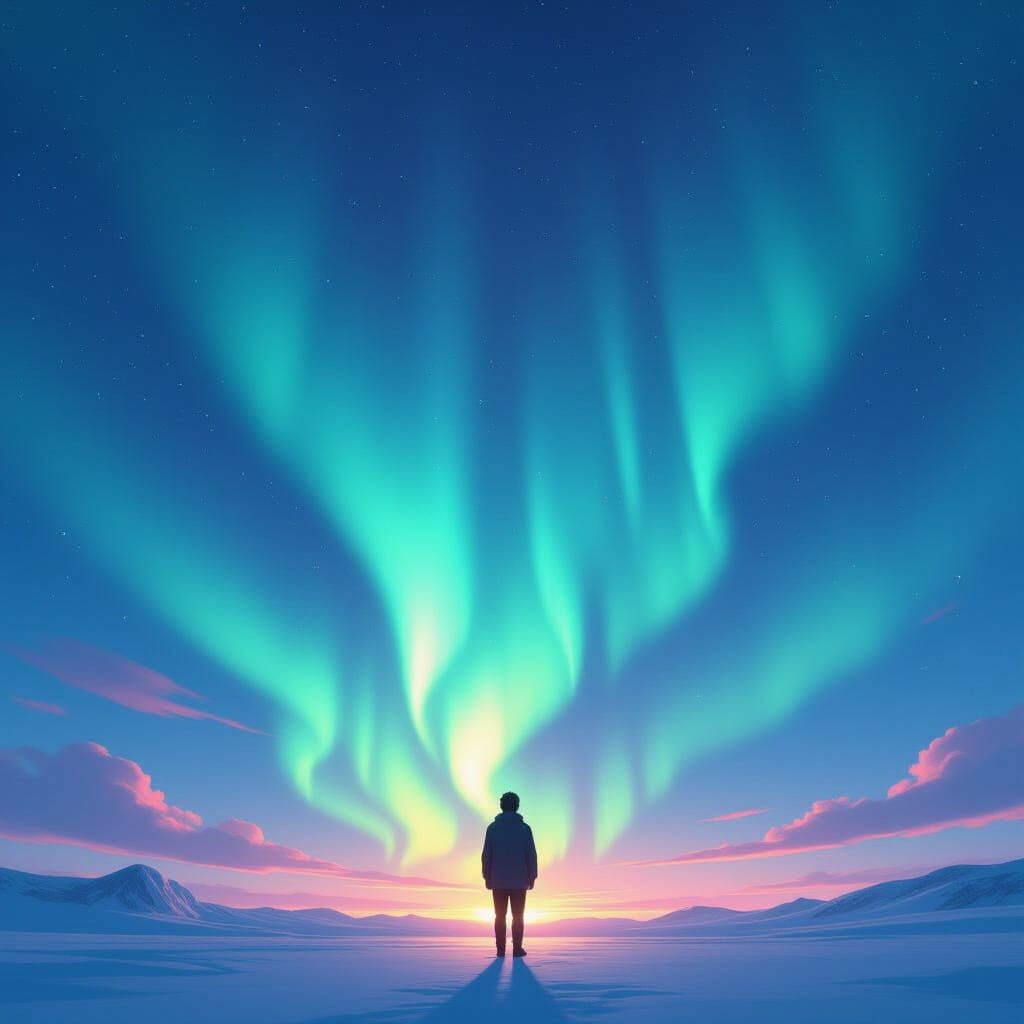 Anime Style Aurora Borealis With Human Shadow