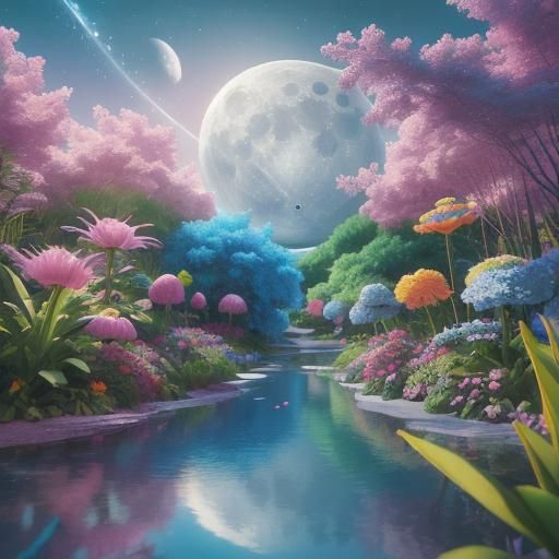 Celestial Garden in Space: Hyperrealistic 3D Render