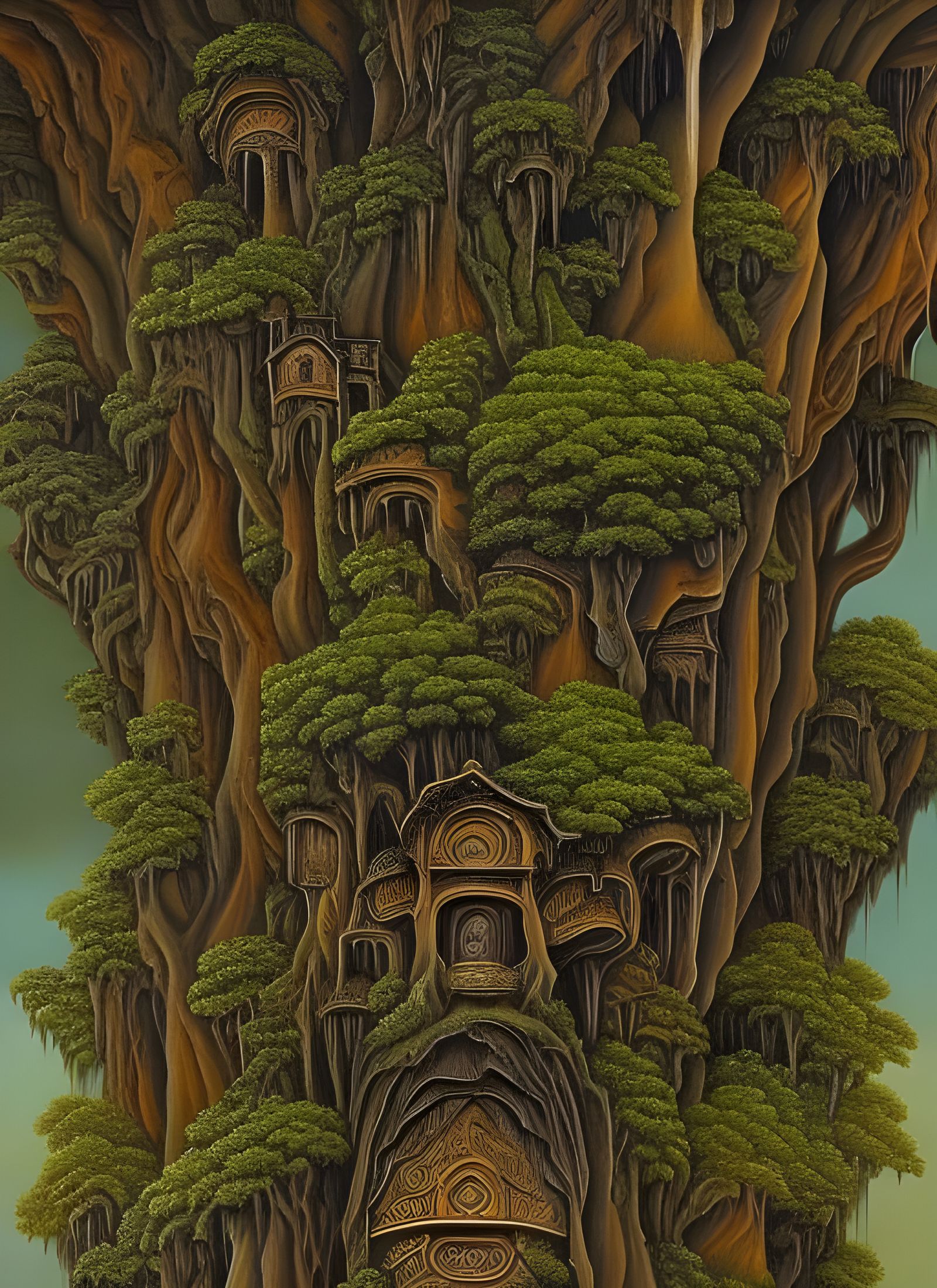 Faces Hidden in Elven Woodland Treehouse: Surreal Art