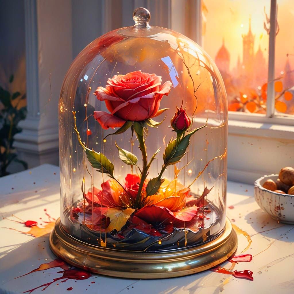 Enchanted Rose Under Glass in Golden Hour Oil Painting Style