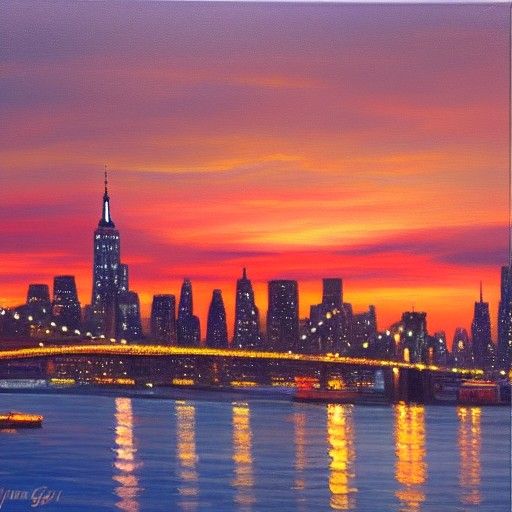 New York City Sunset in Oil Painting Style