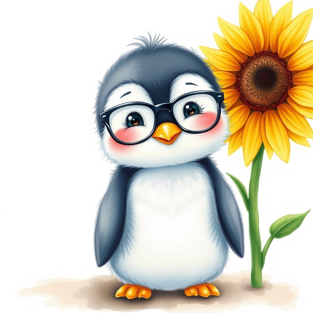 Baby Penguin with Sunflower: Watercolor Pencil Sketch