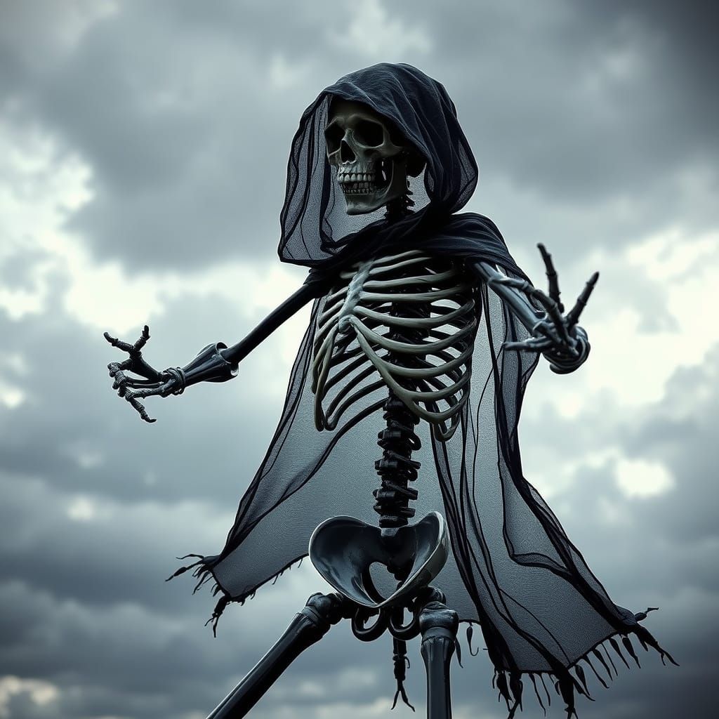 Cyberpunk Skeleton Warrior in Turbulent Stormy Skies