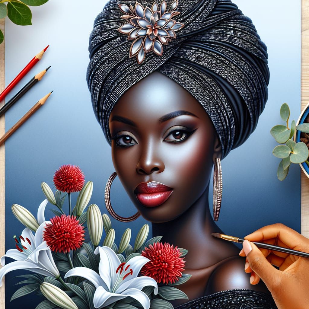 portrait of African lady sitting with head to right, wearing black turban on some of the turban there are small diamonds...