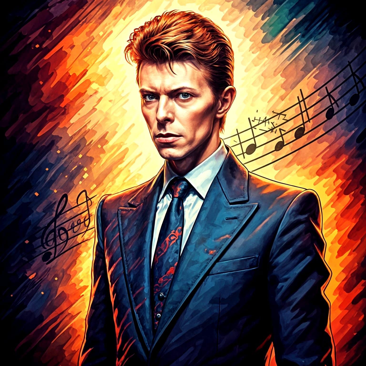 David Bowie Watercolor Portrait with Music Notes