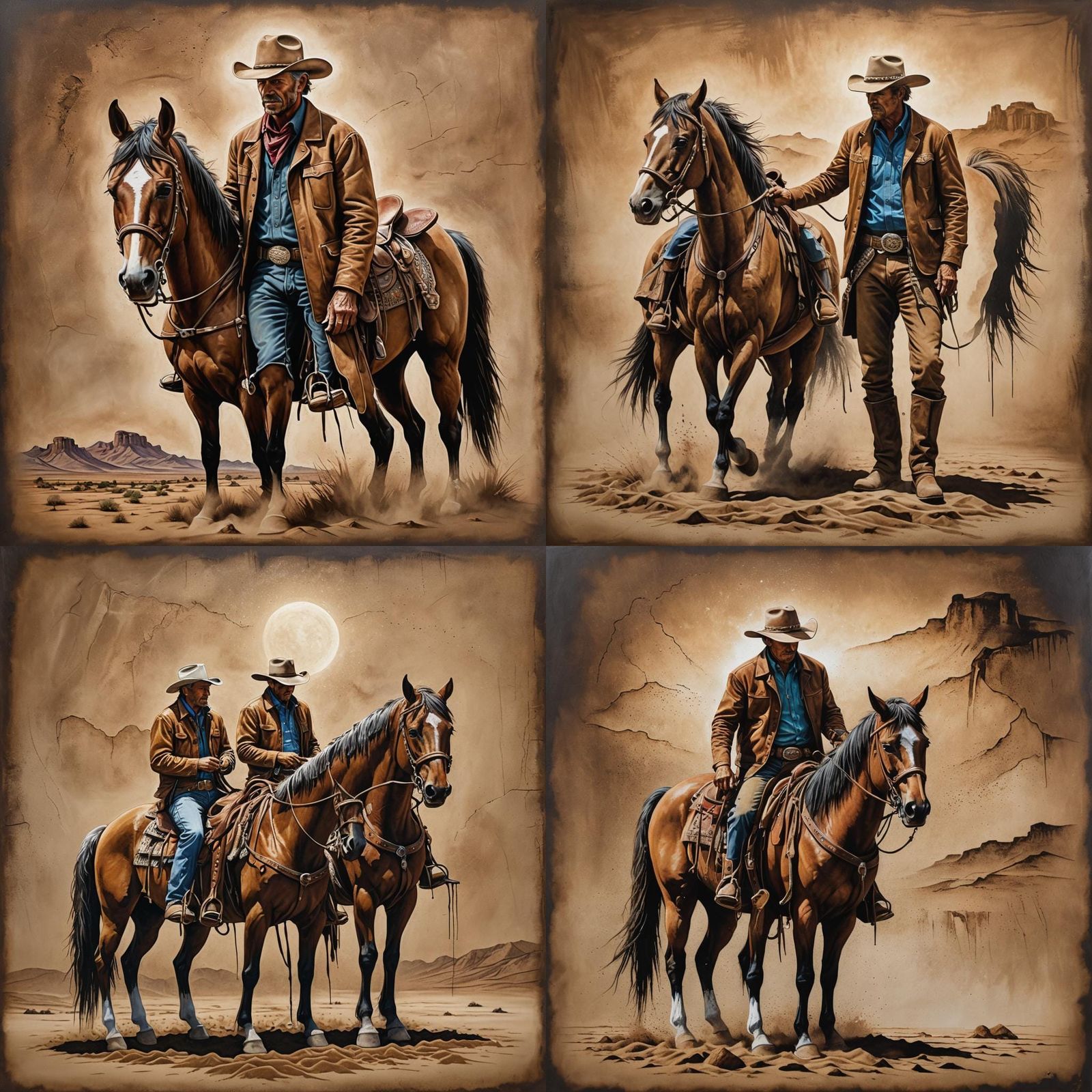 Cowboy and Horse Sand Painting in Desert Landscape