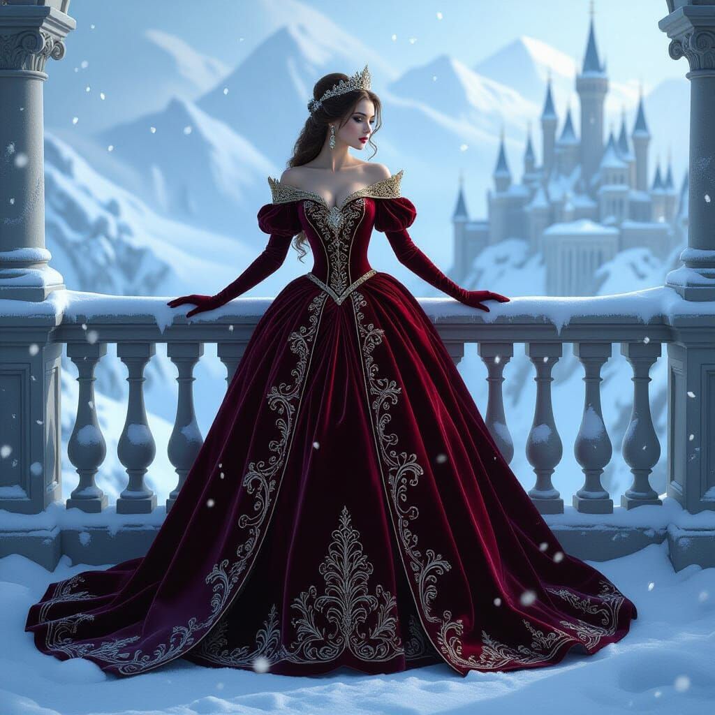 Winter Princess in Crimson Gown on Snowy Balcony