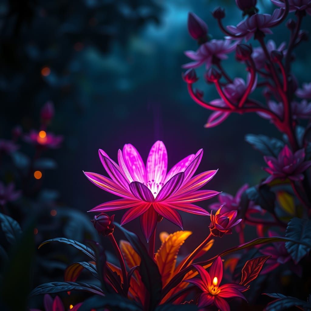 Rainbow Flower Blooms at Night: Dark Fantasy Art