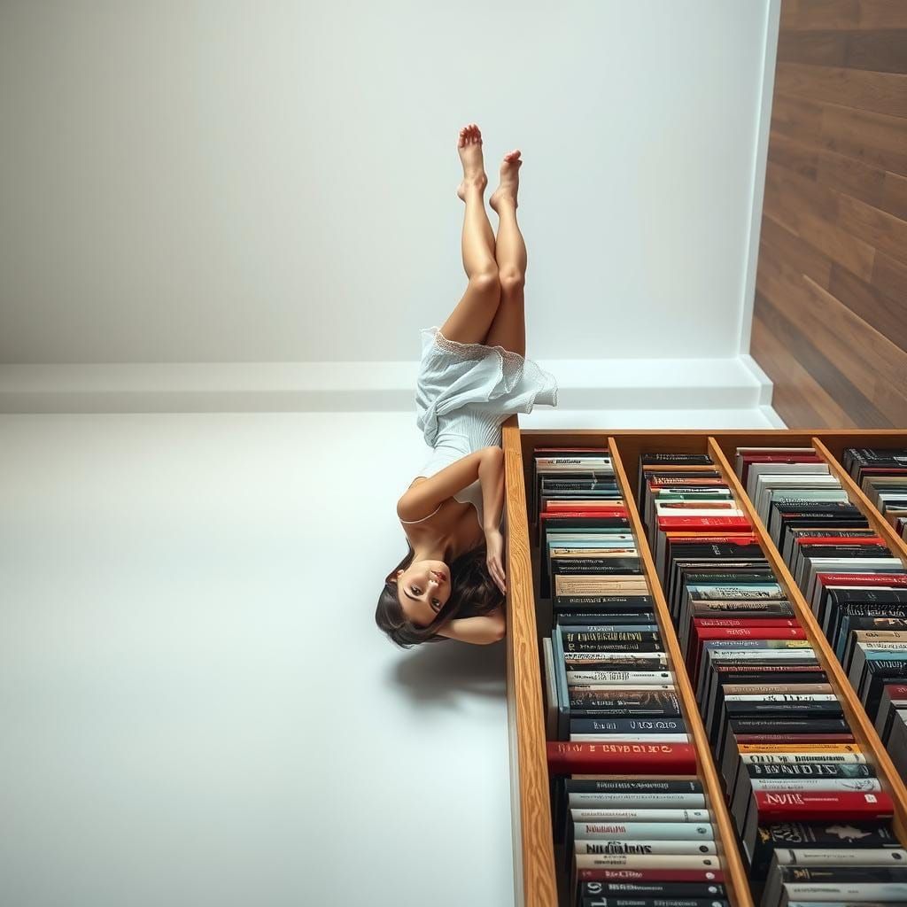 Surreal Girl Posing on Bookshelf