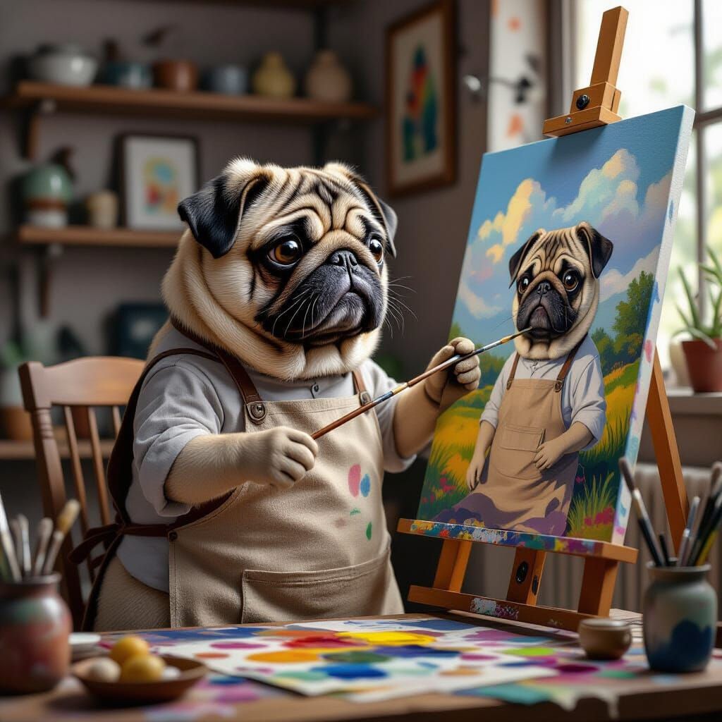Pug Artist Painting Self Portrait in Studio