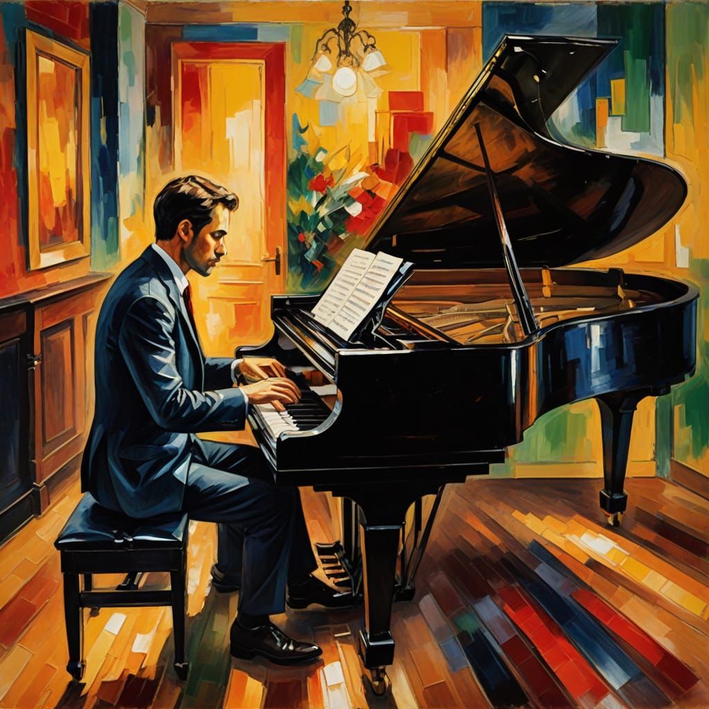 Vibrant Expressionist Masterpiece: Man Performs Jazz Piano