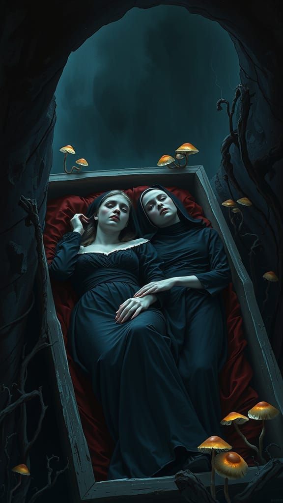 Vampire Nun Slumbers Beside Her Maker in Crimson-Lined Coffi...