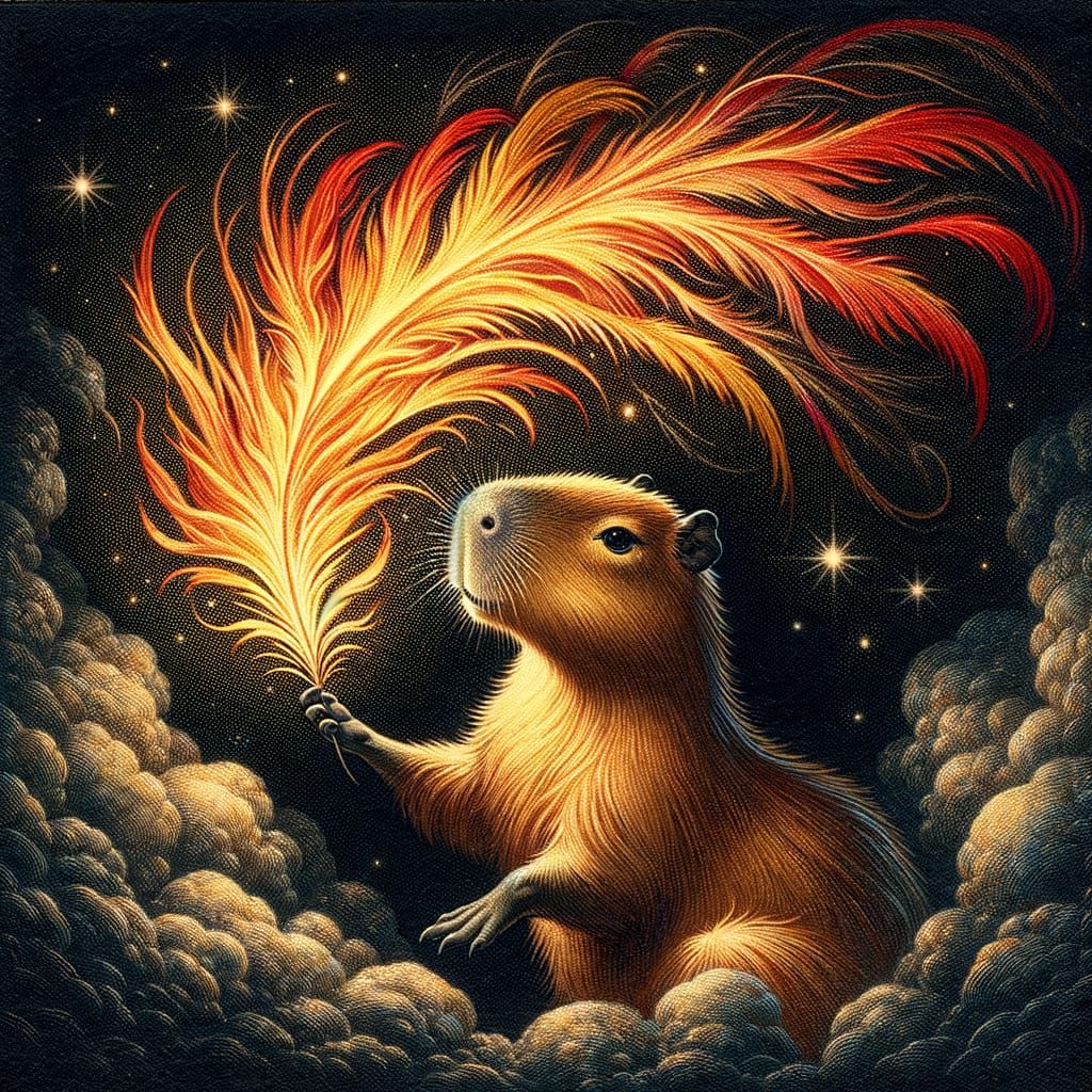 Capybara Enchants with Fiery Phoenix Feather in Whimsical, K...