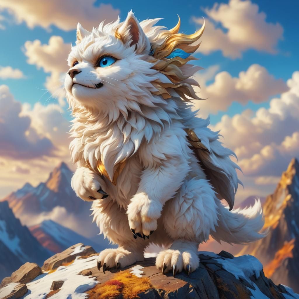 Triumphant Cuddly Creature on Mountain Summit