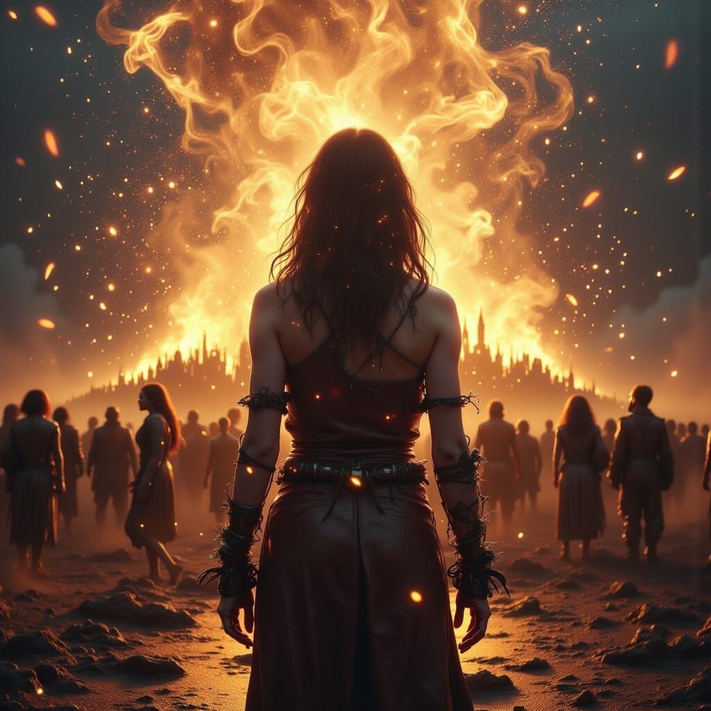 Tribal Gathering Around Fire Pit in Dystopian Style