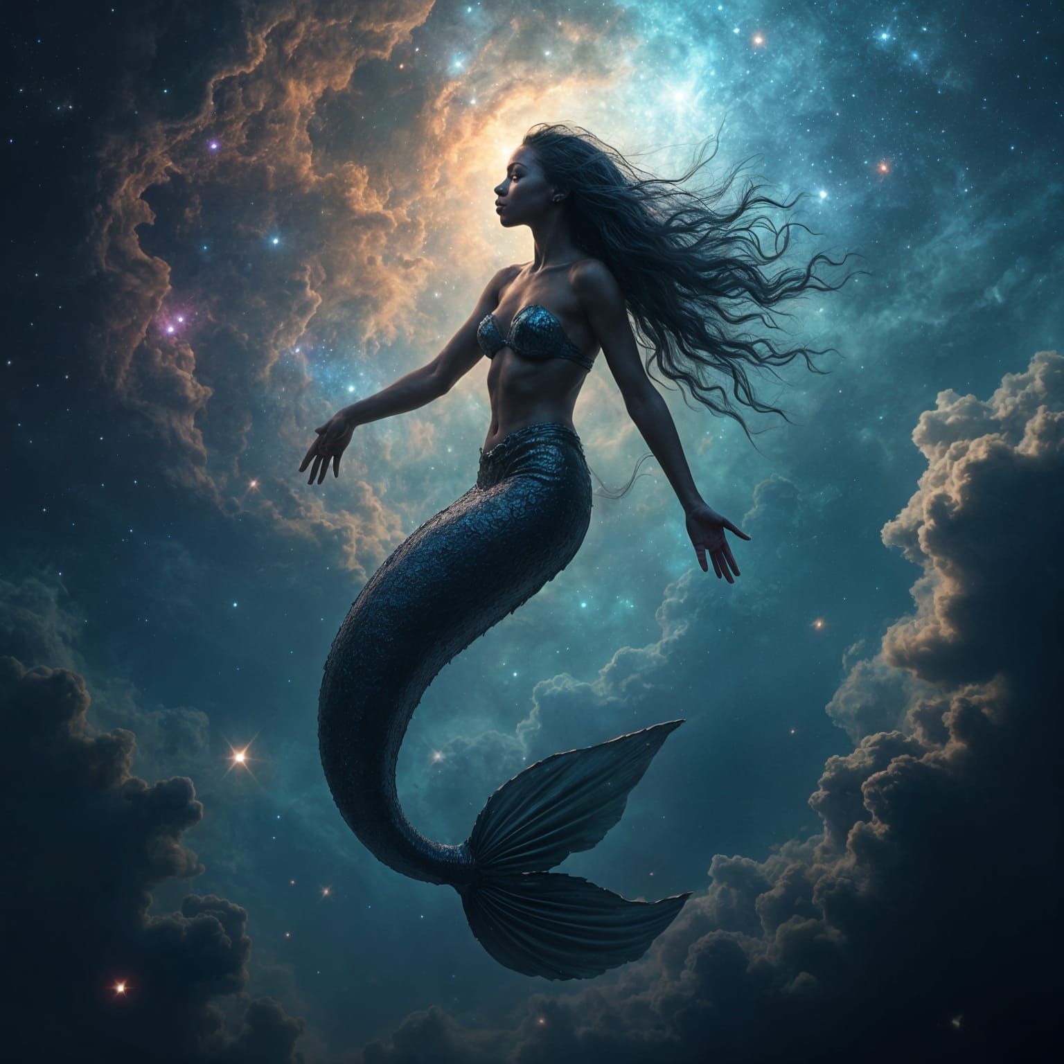 Black Mermaid Goddess in Nebulas