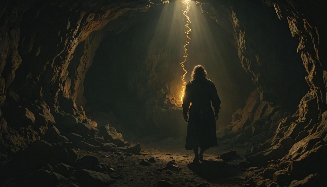 Eerie Surrealism: Twisted Figure in Haunting Cave