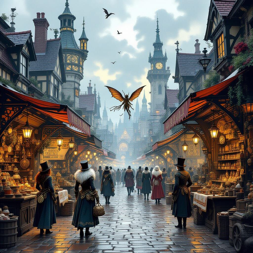 Steampunk Victorian Market with Fantastical Creatures