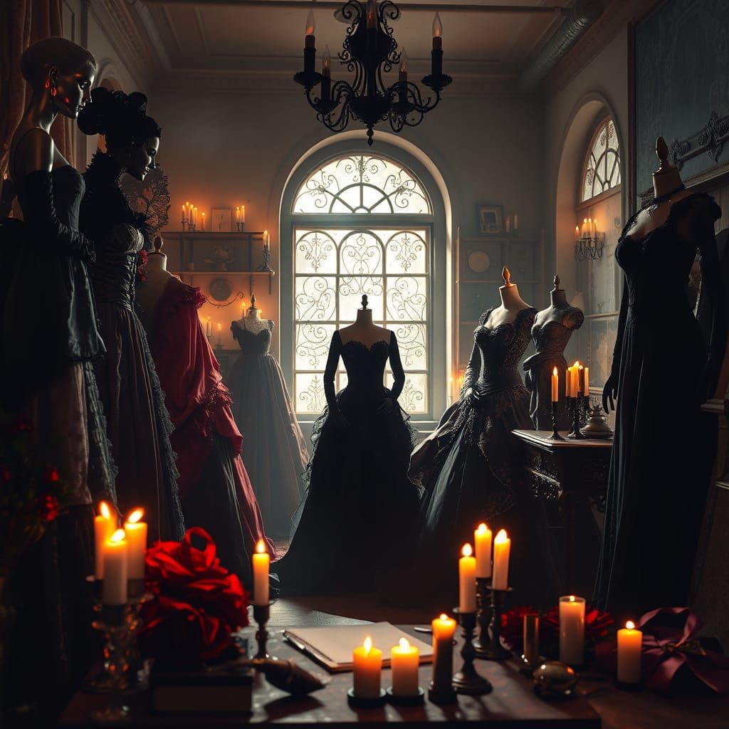 Gothic Fashion Designer in Candlelit Atelier