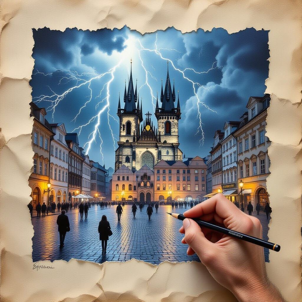 Hyperrealistic City Church Drawing with Lightning