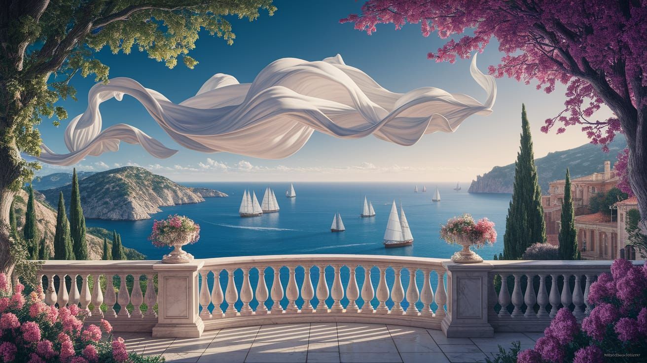 Fantasy Balcony Overlooking Sea With Flowing Sheets