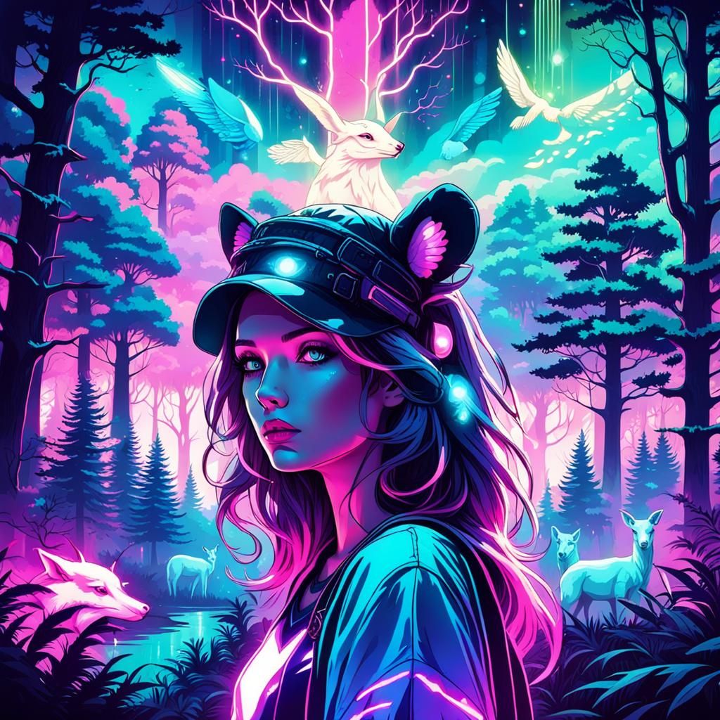 Mystical Forest Girl with Neon Synthwave Lights