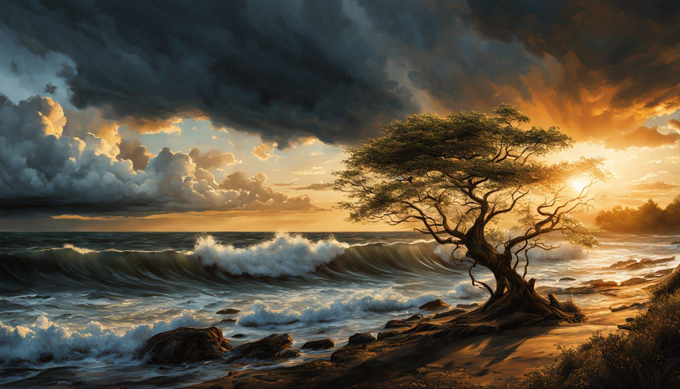 Abstract Expressionist Trees Bending in Tempestuous Golden H...