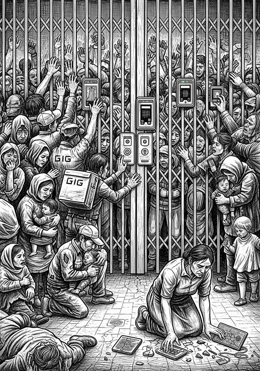 Monochrome Etched Art: Desperate Crowd at 2025 Security Gate