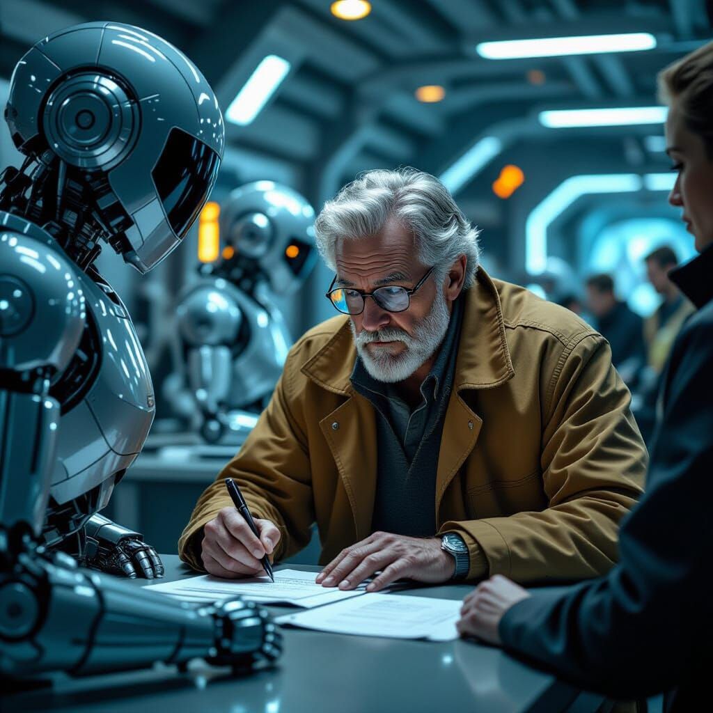Frazzled Retiree Signing Forms in Futuristic Sci-Fi Style