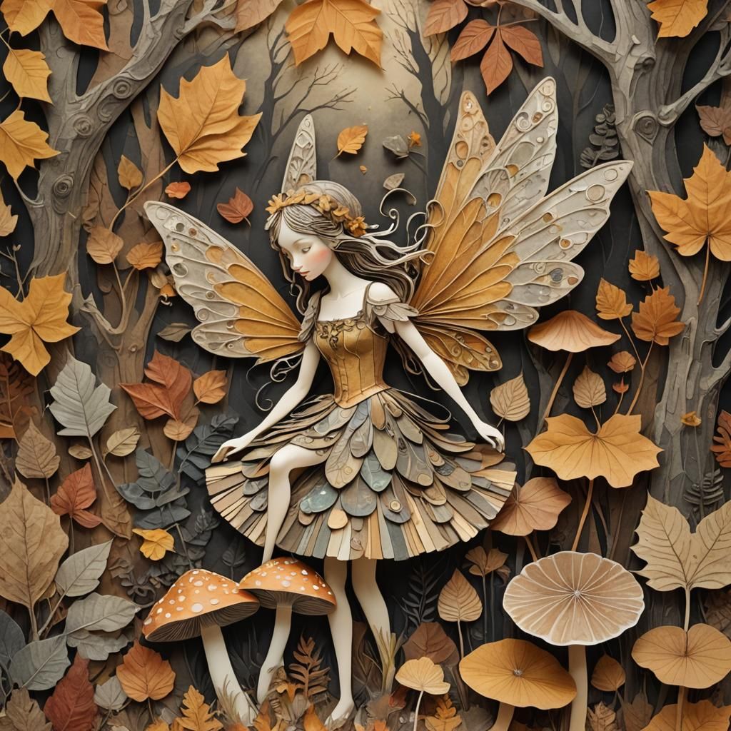 Fairy in Autumn Woods: Paper Collage Art