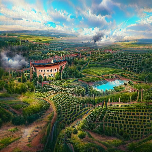 Tuscan Vineyard and Gardens Digital Illustration