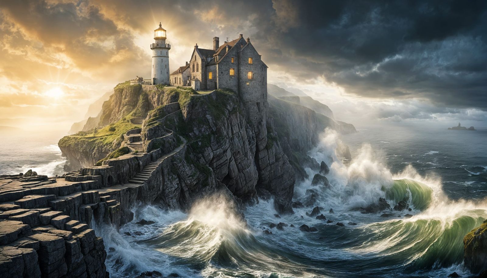 Cinematic Fantasy Lighthouse at Sunrise