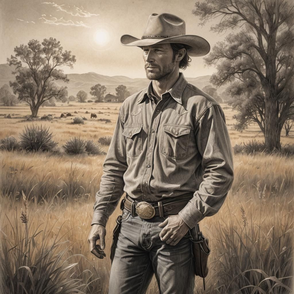Cowboy in Field: Photorealistic Pencil Sketch