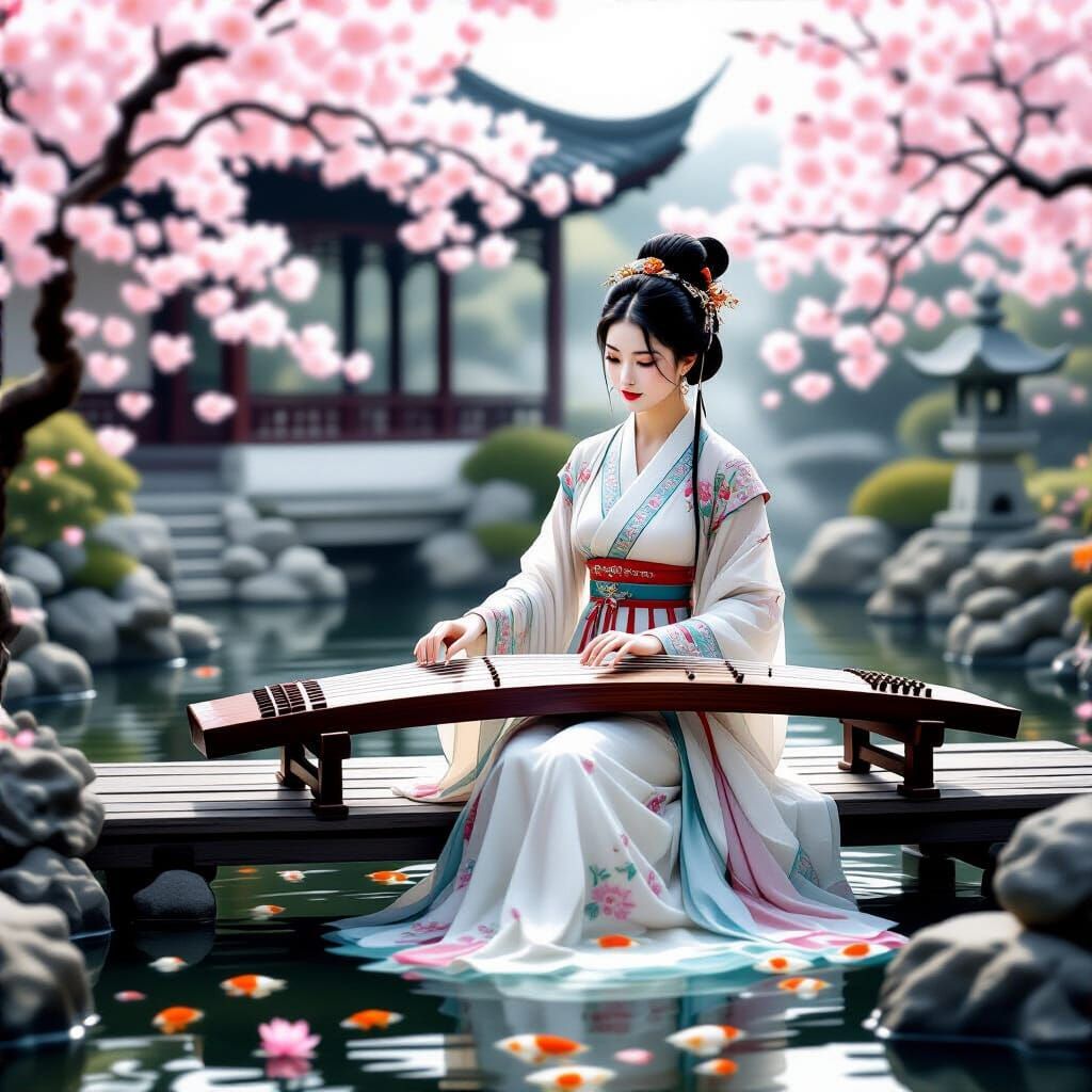 Elegant Woman Plays Guzheng by Koi Pond