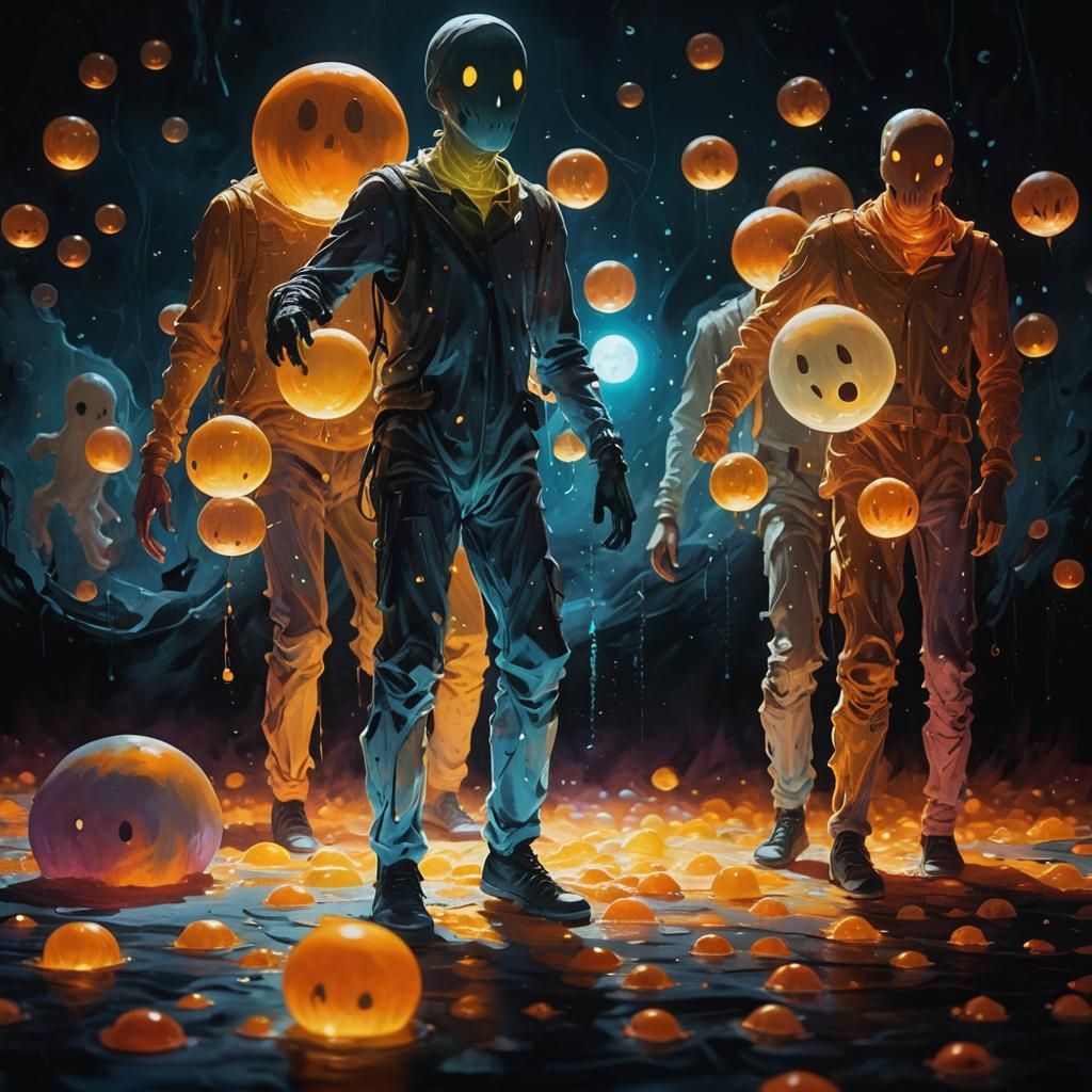 Cute White Ghosts in Black Room, Minimalist Art