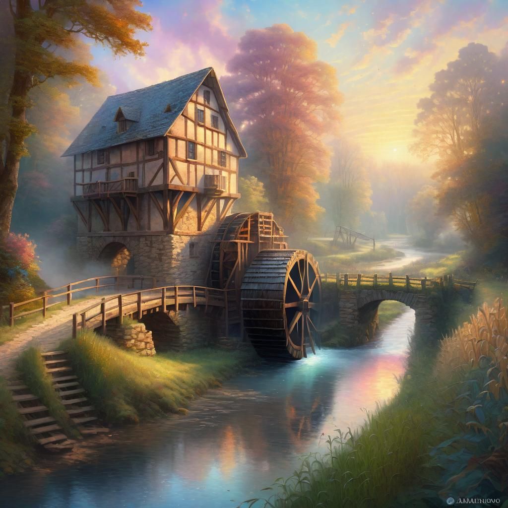 Medieval Watermill Landscape in Ethereal Mixed Media Style