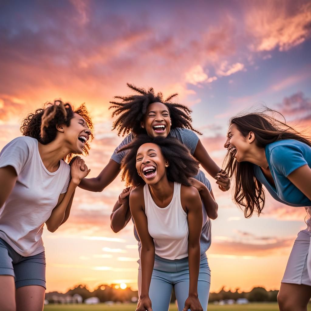 A group of friends, laughing uproariously under a vibrant su...