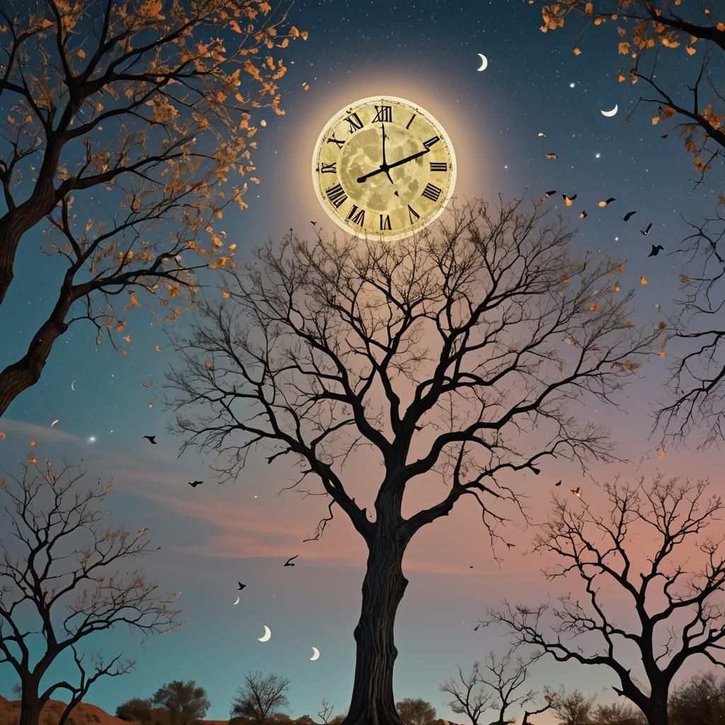 Surreal Desert Scene with Melting Clock and Flying Fish