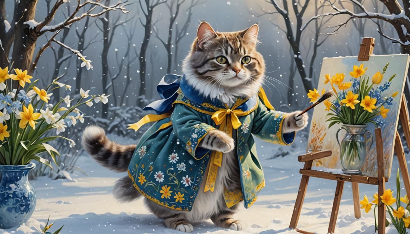 Gracious Winter Cat Painting Lady