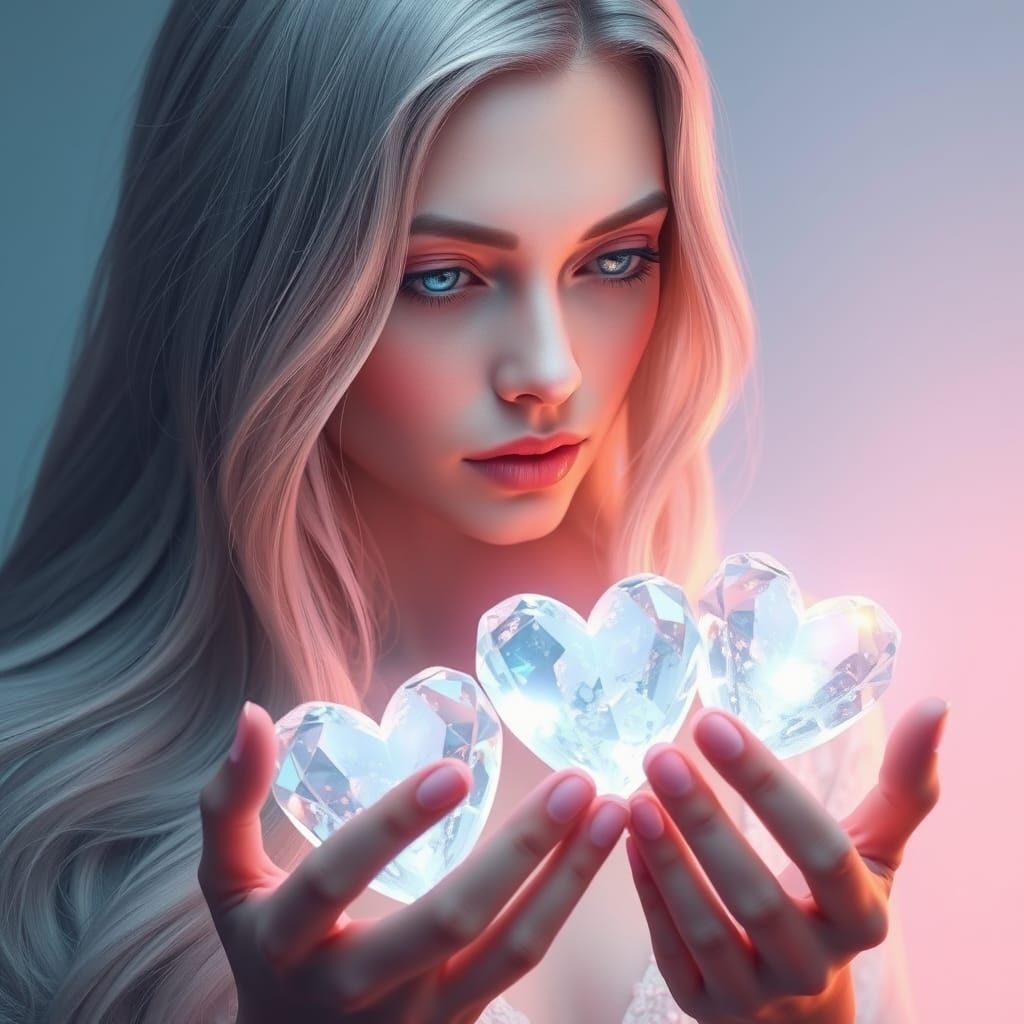 Ethereal Woman Creates Crystal Hearts in Dreamlike Art
