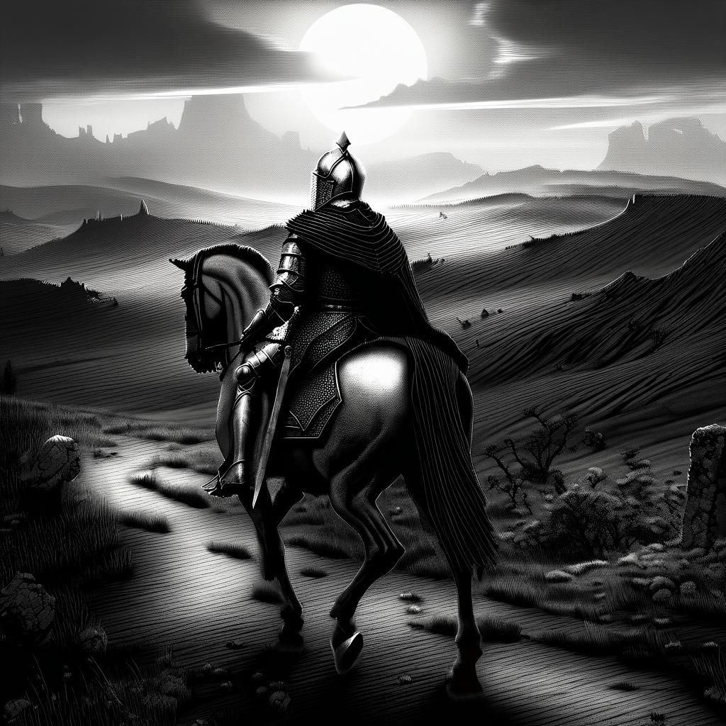 Lonely Knight Rides at Sunset: Fantasy Art