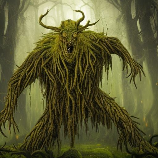 monster of nature, creature made of wood and leaves, grim, protector of the swamp, the face made of wood and magic, brig...