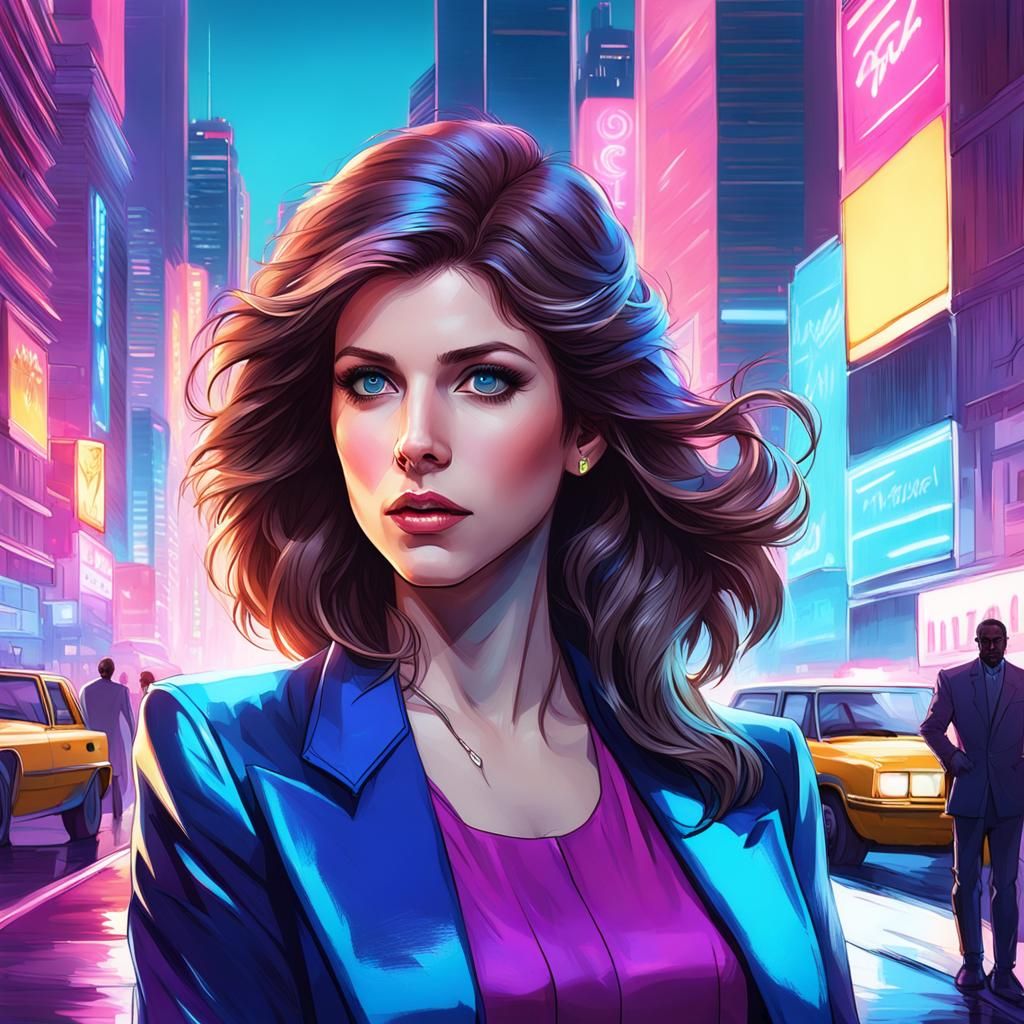 Anna Kendrick in 80s Miami Vice Cityscape