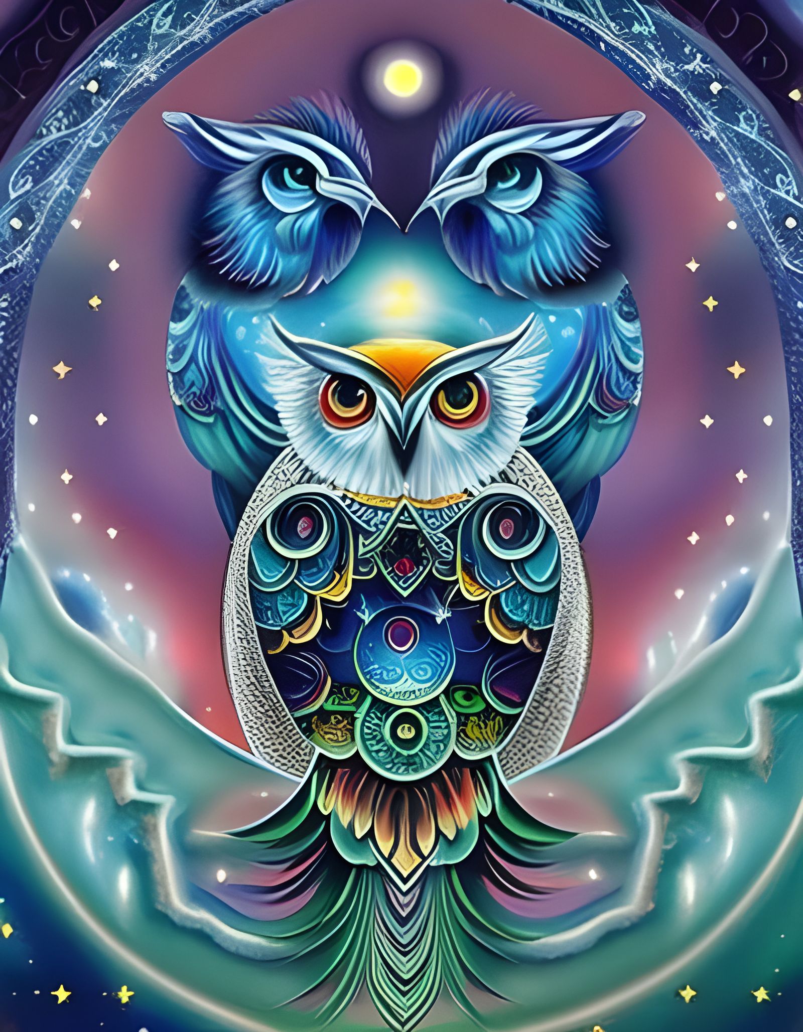 Athena Owl Portrait in Steampunk Psychedelic Style
