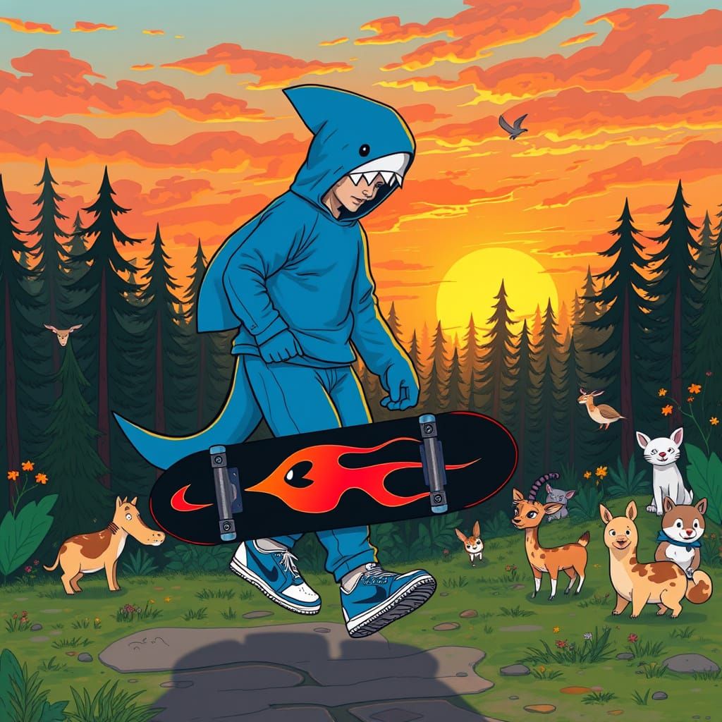 Skater in Shark Costume in Forest, Pop Art Style